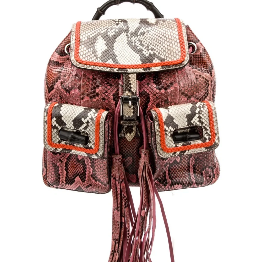 🐍GUCCI PYTHON BACKPACK NWT BAMBOO HANDLE ! PINK and TAN PYTHON w/ Orange trim! - Picture 6 of 8